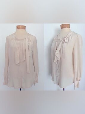 LUXE MIU MIU SILK BEIGE CREAM SAND SHIRT BLOUSE TOP TIE & RUFFLE DETAIL SIZE 40